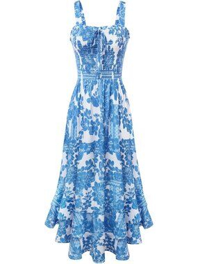 Women's White Blue Square Neck Strapped A LINE Floral Boho Long Maxi Dress